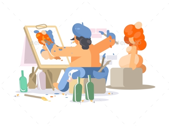 Painter Draws Naked Girl - People Characters