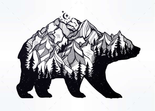Double Exposure Bear with Mountains Landscape - Animals Characters