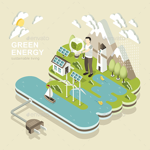Green Energy Concept - 3d Isometric Flat Design - Landscapes Nature
