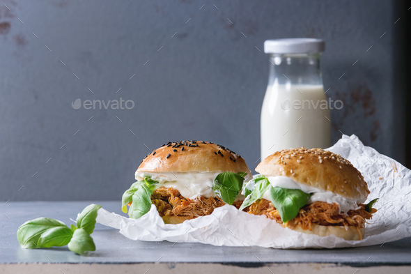 Homemade mini burgers with pulled chicken - Stock Photo - Images