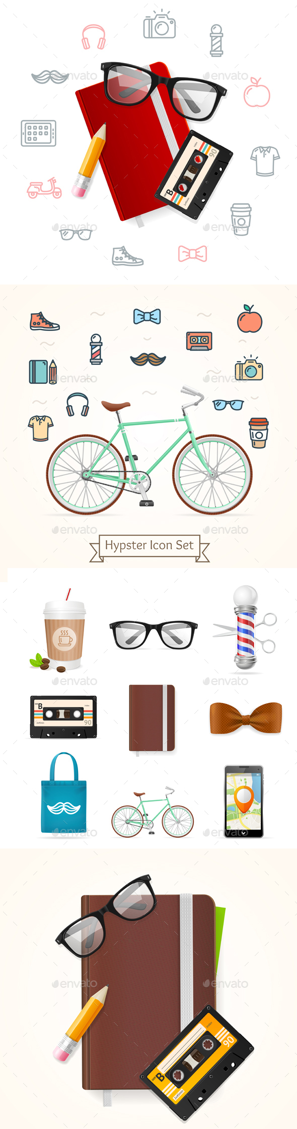 Realistic Hipster Style Icon Color Set - Retro Technology