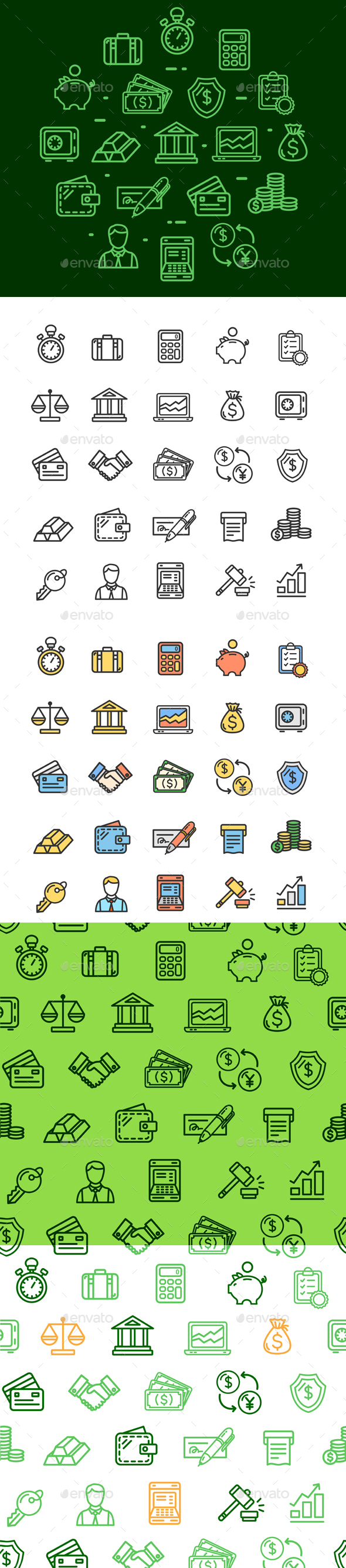 Banking and Accounting Thin Line Icon and Pattern Background Set - Industries Business