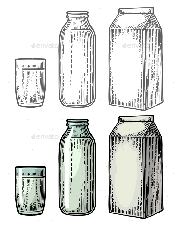 Milk Box Carton Package, Glass and Bottle - Food Objects