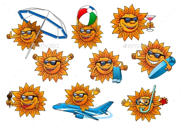 Summer Sun Cartoon Mascot Set - Miscellaneous Characters