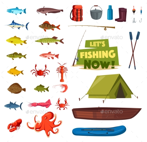 Fishing Sport Icon with Fish, Boat, Rod and Tackle - Sports/Activity Conceptual