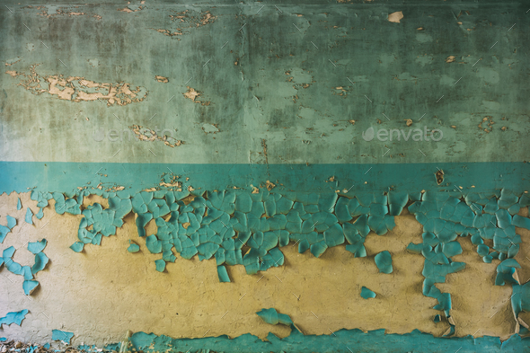 Wall With Cracked And Peeling Surface Of Blue And Brown Or Yello - Stock Photo - Images