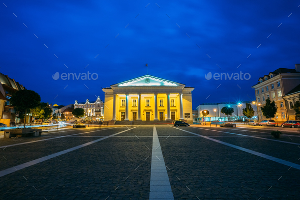 Vilnius Lithuania. Illuminated Town Council In Evening Didzioji