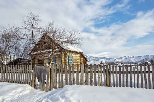 the winter village Katanda, Altai, Siberia, Russia - Stock Photo - Images