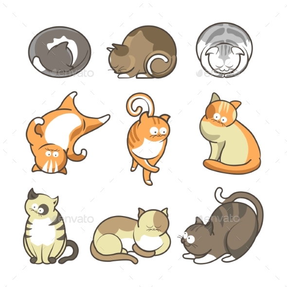 Cartoon Cats in Various Positions Set on White - Animals Characters