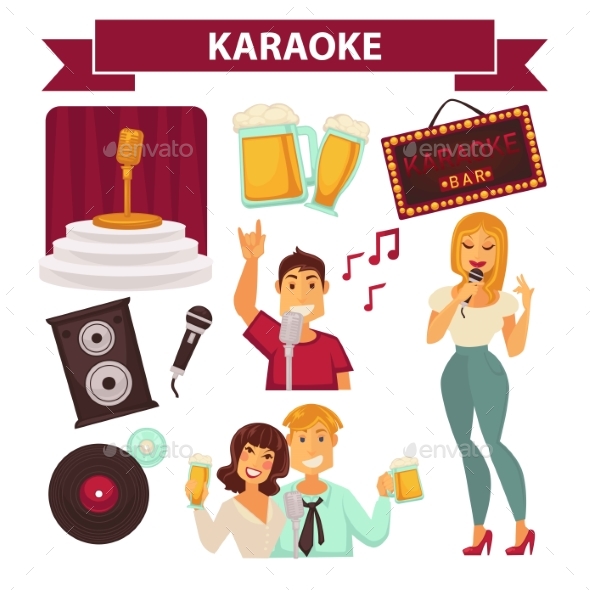 Karaoke Club Party Icon Attributes Poster on White - Miscellaneous Vectors