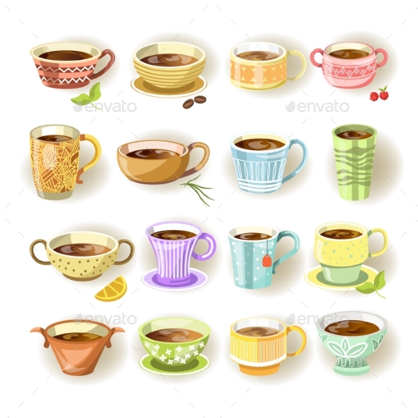 Cups with Various Colorful Print Set on White - Food Objects