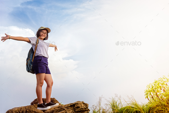 Tourist teen girl on Phu Chi Fa mountain - Stock Photo - Images