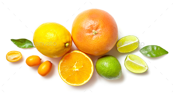 various citrus fruits on white background - Stock Photo - Images