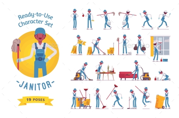 Ready-to-Use Male Janitor Character Set - People Characters