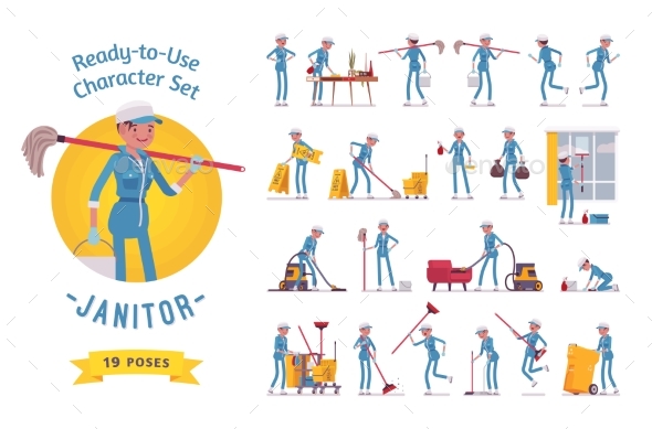 Ready-to-Use Female Janitor Character Set - People Characters