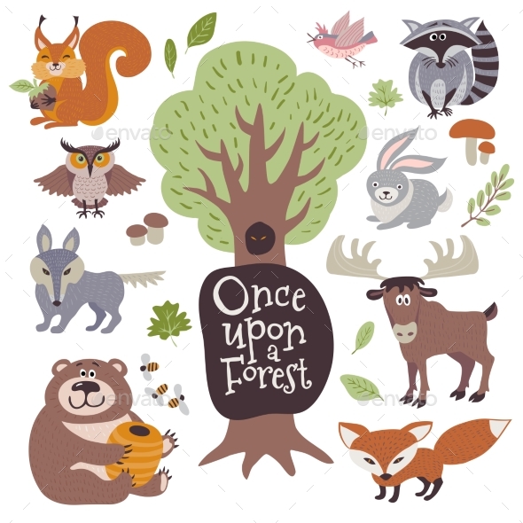 Cute Cartoon and Wild Woodland Animals and Forest - Miscellaneous Vectors