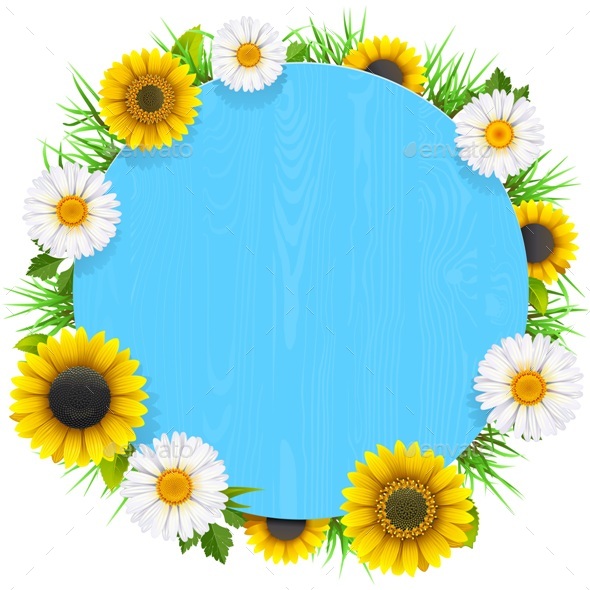 Vector Blue Round Wooden Frame with Flowers - Flowers & Plants Nature