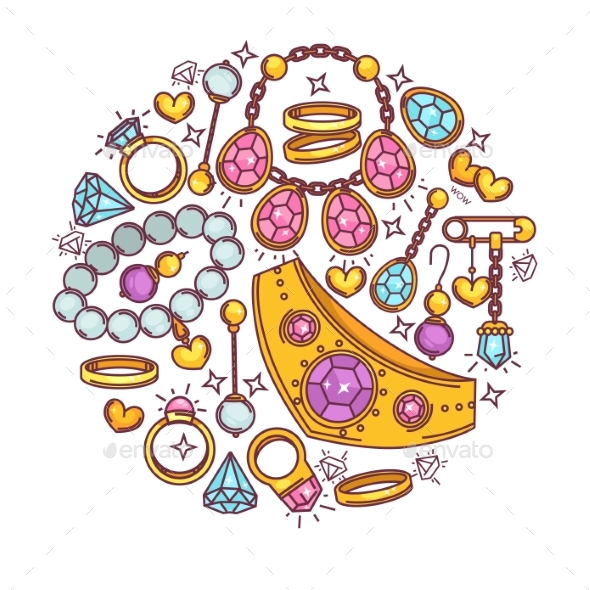 Jewelry Gold and Gemstones Vector Poster Flat - Backgrounds Decorative