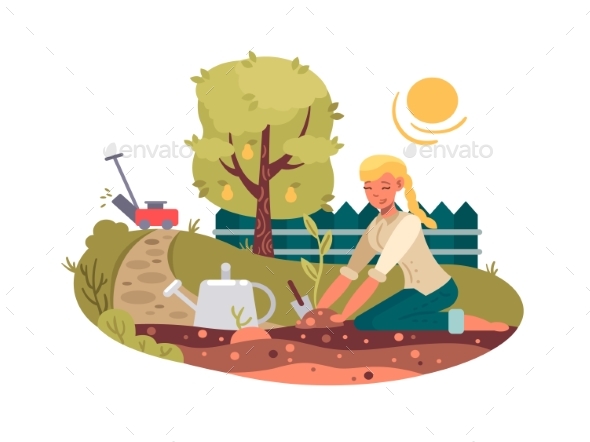 Young Girl Planting Seedling - People Characters