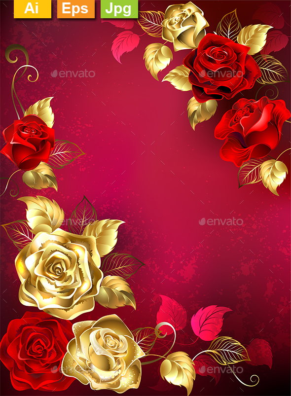 Greeting Card with Red Jewelry Roses - Borders Decorative