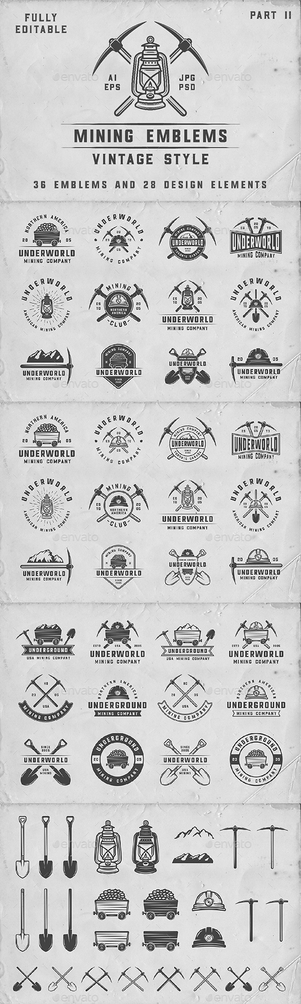 36 Vintage Mining Emblems - Badges & Stickers Web Elements