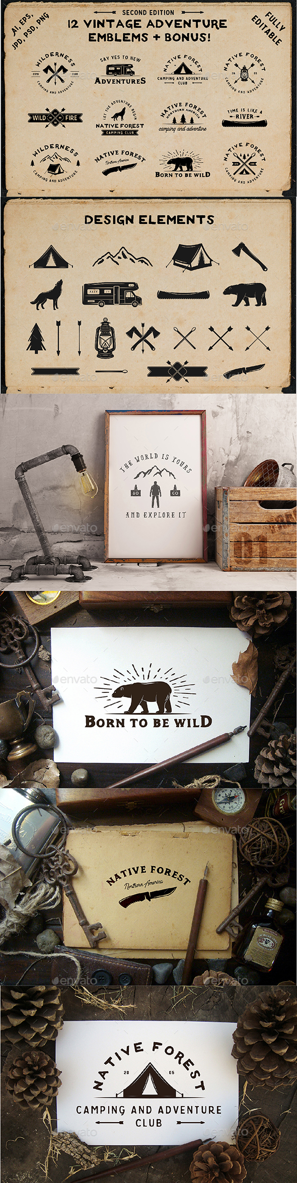 12 Vintage Adventure Emblems - Badges & Stickers Web Elements