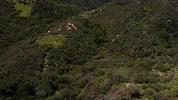 Drone flying over lush and green Malibu Mountains near Los Angeles