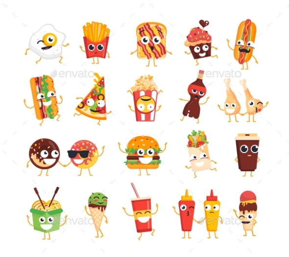 Fast Food Characters - Vector Set of Mascot - Food Objects