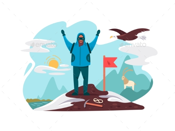 Happy Mountaineer on Top Mountain - People Characters