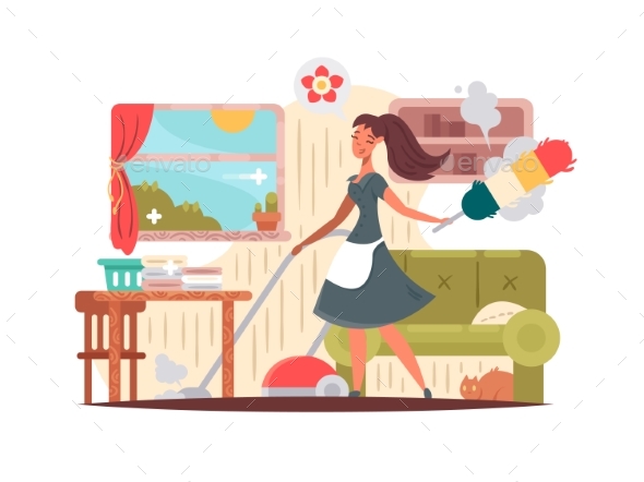 Girl Housekeeper Cleans Apartment - People Characters