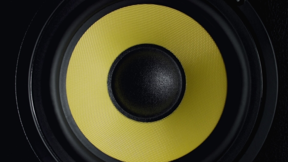 at Moving Sub-woofer. Speaker Part. Black and Yellow Colors. , Stock ...