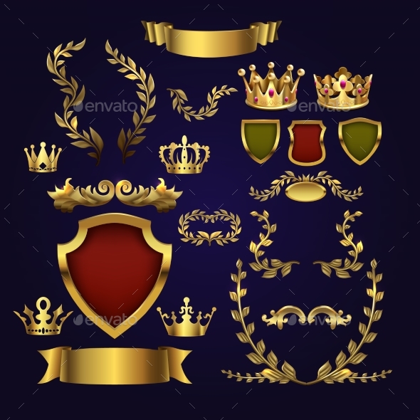 Golden Vector Heraldic Elements. Kings Crowns - Objects Vectors
