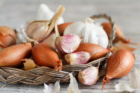 Organic garlic and onion on wooden table - Stock Photo - Images