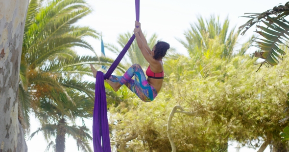 Female Acrobat Working Outdoors on Silk Ribbons, Stock Footage | VideoHive