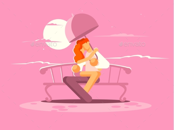 Loving Couple Under Umbrella on Bench - People Characters