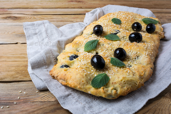 Italian focaccia with olive - Stock Photo - Images