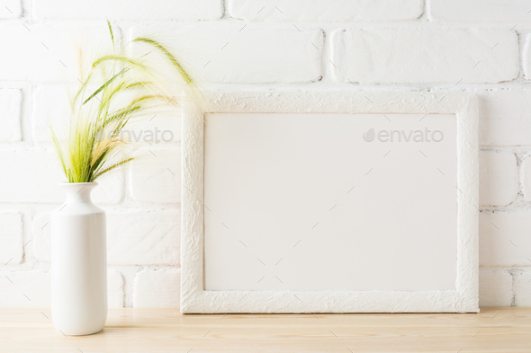 White landscape frame mockup with yellow and green wild grass ea