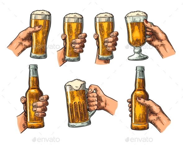 Man and Woman Hands Holding and Clinking with Beer - Food Objects