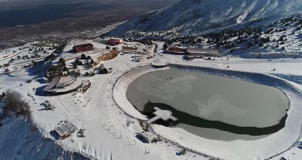  snowy mountains and icy lake