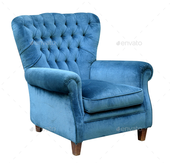 Upholstered blue velvet armchair