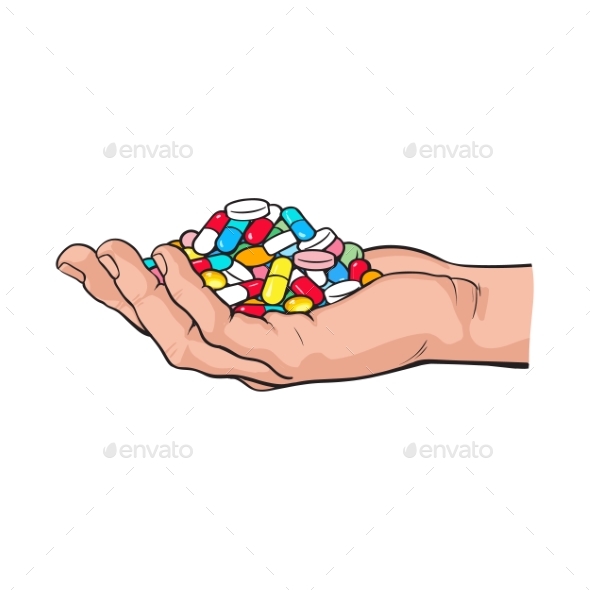Side View Hand Holding Pile of Pills - Health/Medicine Conceptual