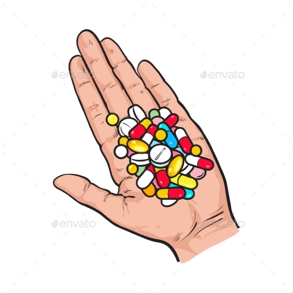 Hand Holding Pile of Colorful Pills - Health/Medicine Conceptual