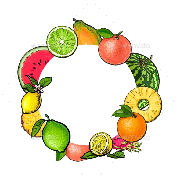 Round Frame of Tropical Fruits with Empty Place - Backgrounds Decorative