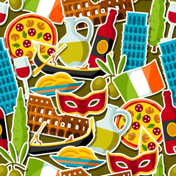 Italy Seamless Pattern. Italian Sticker Symbols - Travel Conceptual