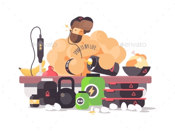 Bodybuilder Athlete Prepares Protein Cocktail - People Characters