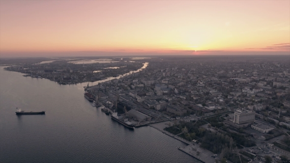 Aerial Shot of Kherson River Embankment at Sunset in Early Spring in Ukraine