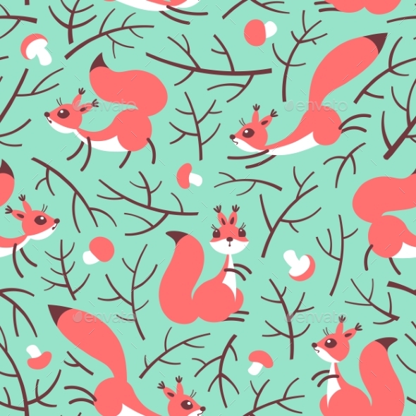 Little Cute Squirrels in the Fall Forest. Seamless - Animals Characters