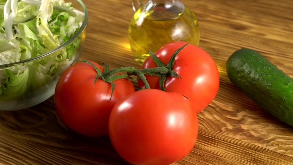 Vegetables Ingridients for Salad on Rustic Wooden Background.