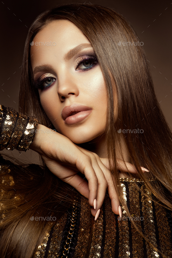 Make up. Glamour portrait of beautiful woman model with fresh makeup and romantic hairstyle. - Stock Photo - Images