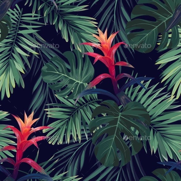 Hand Drawn Seamless Floral Pattern with Guzmania - Miscellaneous Vectors